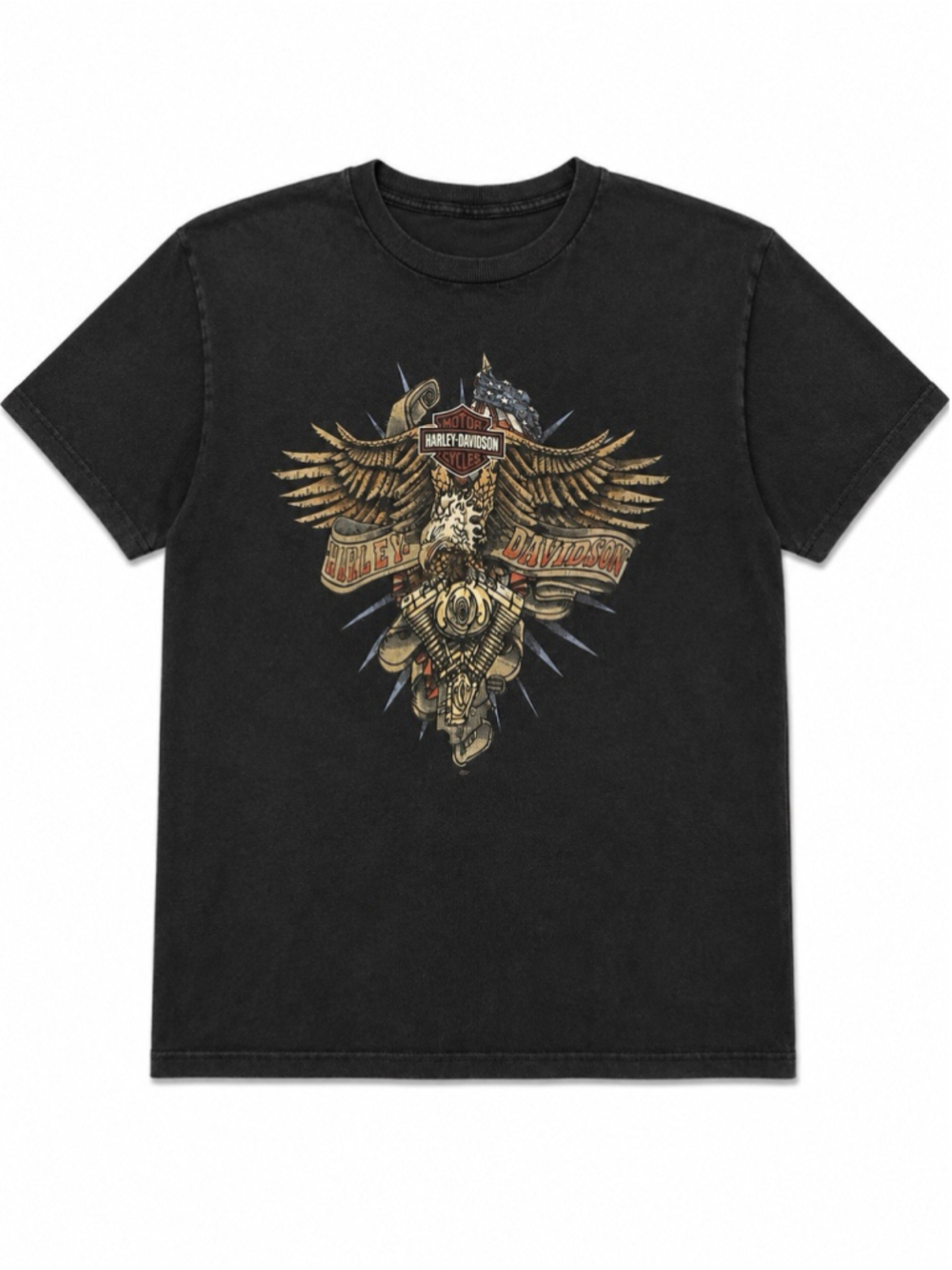 Harley Davidson Tshirt 2007 US Flag Eagle Motor Dallas TX Black Mens 2XL Rare